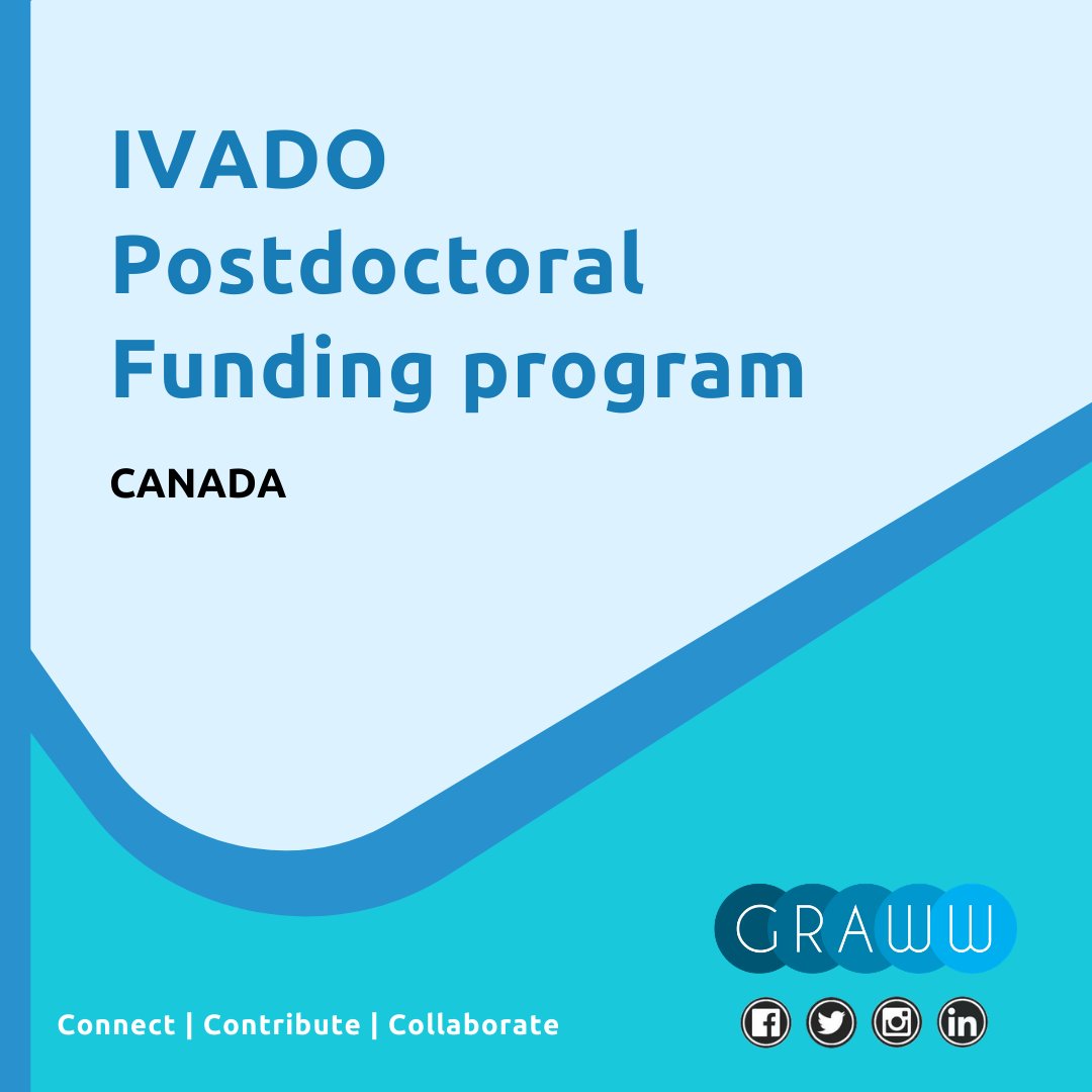 GrawwResearch's tweet photo. IVADO POSTDOCTORAL FUNDING PROGRAM

Application deadline: May 13th, 2020, 11 a.m. EST

Explore and APPLY directly via source link at: https://t.co/jTJX5M6uZZ 

#pdf #Engineering #phdchat #research #scholarship #grant #edtech #researchscholars #IVADO #graww https://t.co/DEDLTgTkJD
