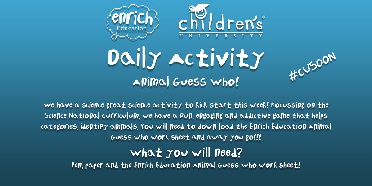 Daily Activity Focussing on the Science! Check out our YouTube Channel for more information and to download your free activity sheet!

Have a go and remember to use the #CUSOON

youtu.be/1HPKF_6bOMs