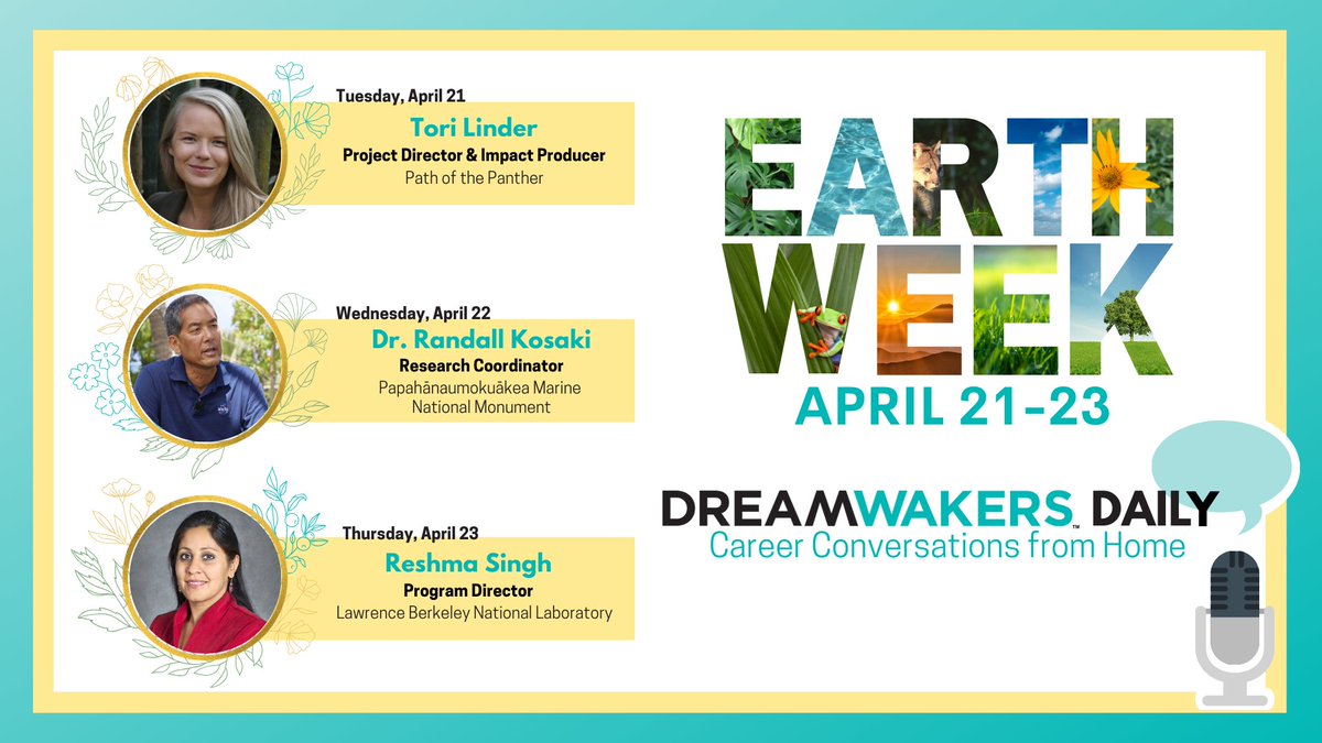 dream_wakers's tweet photo. Join us at https://t.co/T71L1CxIPl at 1pm ET this Tuesday, Wednesday, and Thursday for conversations surrounding advocacy and climate action with Tori Linder, Dr. Randall Kosaki, and Reshma Singh in celebration of #EarthDay2020! #WhyIDreamWake #climateaction #advocacy https://t.co/qOhyonGKAu