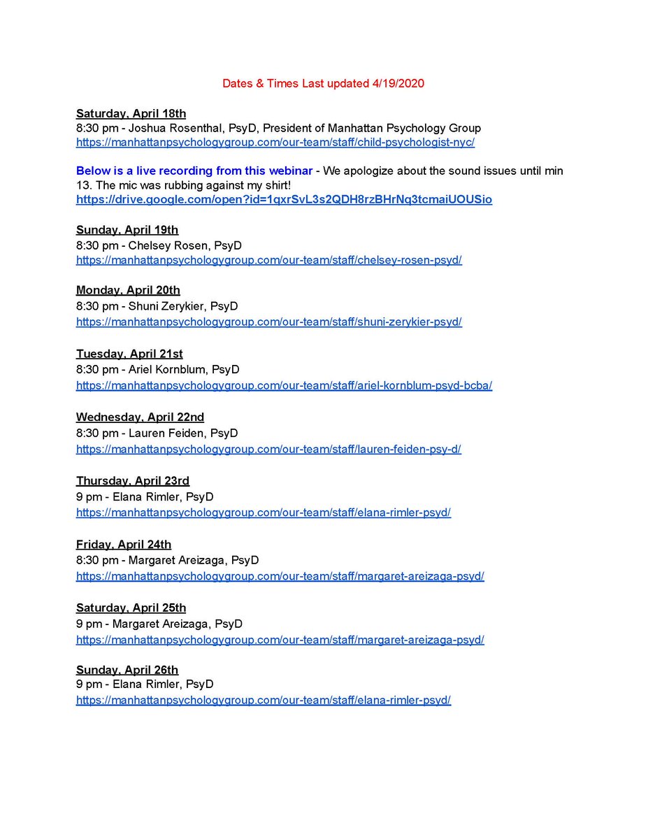 As we enter into another week of home instruction, we want to share this resource from the Manhattan Psychology Group - they are hosting free webinars all week on parenting, stress, self-care and more. Visit their website for details. #SuffernCentral <a href="/DrLCAsstSupt/">DrLC</a> @LisaWeberAS