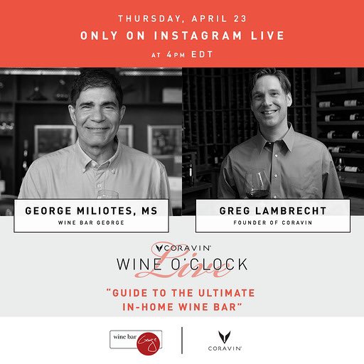 🍷We’re going live on Instagram with <a href="/Coravin/">Coravin</a> 4/23 at 4PM EDT! Join George + Coravin’s founder, <a href="/GregAtCoravin/">Greg Lambrecht</a>, for tips on creating the ultimate in-home wine bar. 

PS: Interested in purchasing a Coravin? Visit Coravin.com w/ code CC96634 for 10% off your purchase.