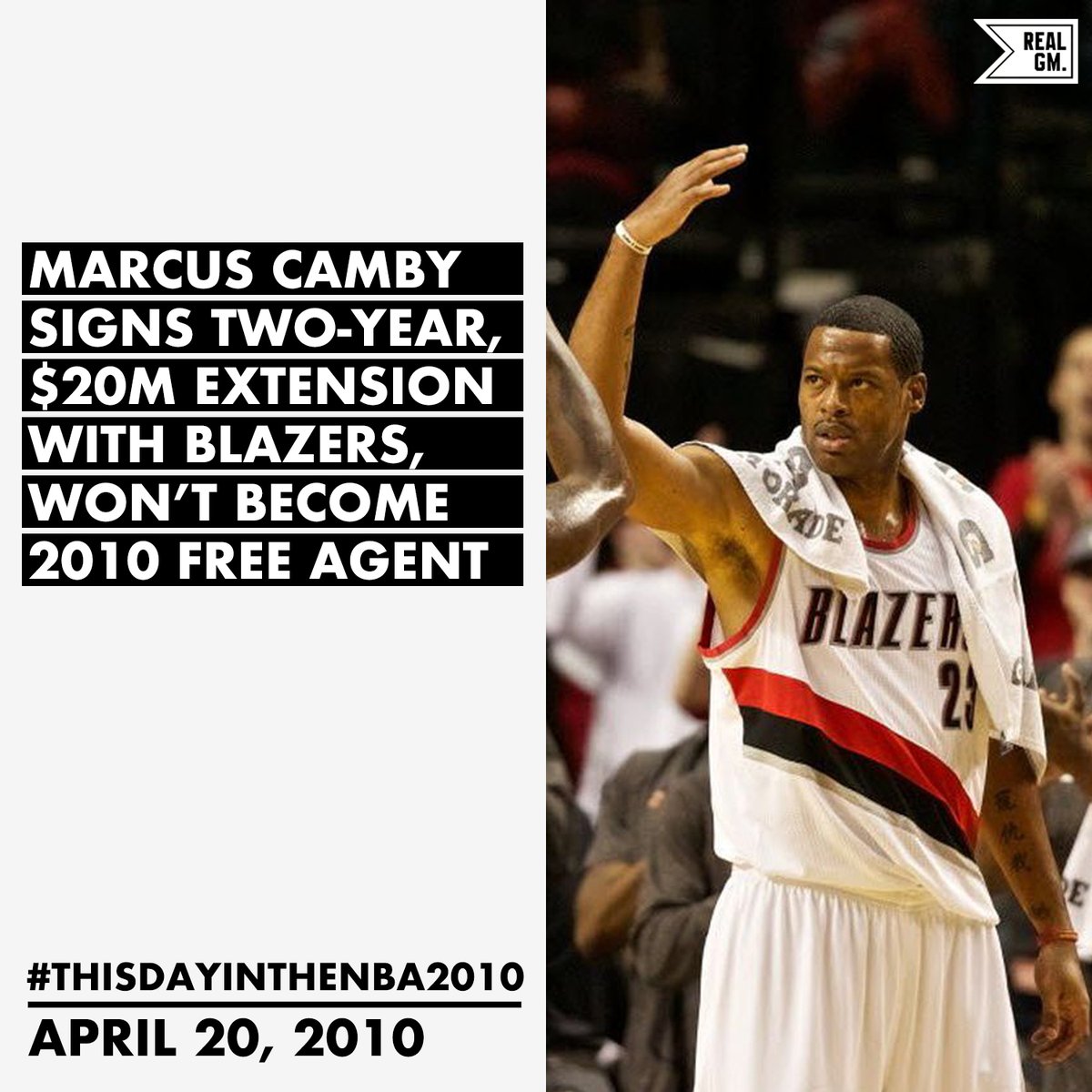  #ThisDayInTheNBA2010April 20, 2010Marcus Camby Signs Two-Year, $20M Extension With Blazers https://basketball.realgm.com/wiretap/203419/Marcus-Camby-Signs-Two-Year-$20M-Extension-With-Blazers
