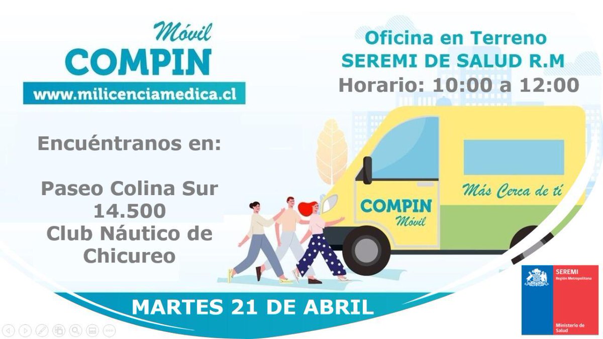 MuniColina's tweet photo. #ColinaInforma | @SeremiSaludRM informa que mañana martes 21 de abril, desde las 10 horas, estará presente la #CompinMovil tanto en el municipio como en la laguna de Piedra Roja para que resuelvas todas tus dudas sobre tus licencias médicas.
@mario_olavarria @CorpColinaSalud https://t.co/Rc84hdswyi
