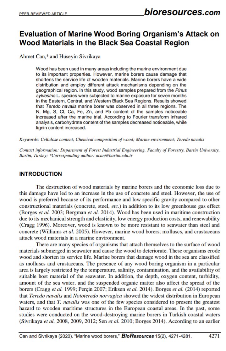 Karadeniz kıyı bölgelerinde (Trabzon, Samsun, Zonguldak) ahşap tahrip edici deniz zararlılarının tespiti üzerine güzel bir çalışma. 
Hocalarımızı tebrik ederiz
@acan6116 
@hsivrikaya
 
@bioresjournal
@bartinoem @NFakultesi 
 
#cellulose #marineenvironment #teredonavalis