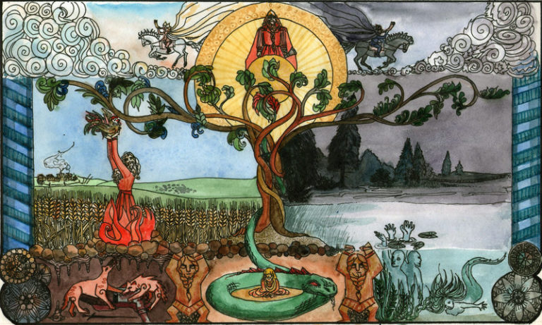 ...weasels were connected with hunting and marriage. In the world tree weasels were at the bottom of the tree, near the roots. Weasels can climb the tree and even though they are small they were said to be powerful. In antiquity weasels were said to have regenerative powers.