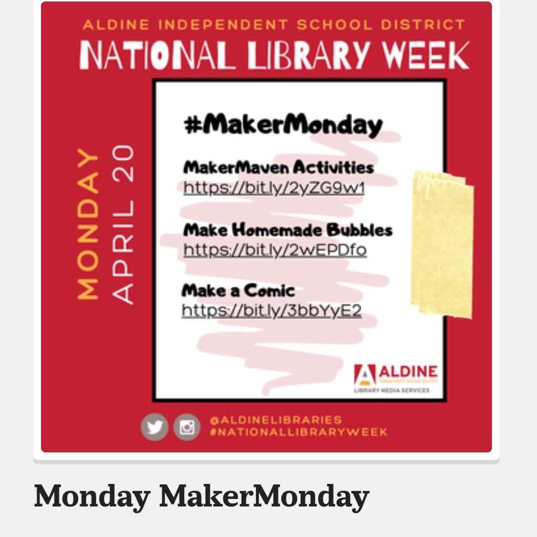GranthamLMC's tweet image. It’s Maker Monday!  What can you make?  Lots of ideas here from everyday items you have at home!!! Let’s have some fun to celebrate National Library Week!!!#NationalLibraryWeek #AISDNationalLibraryWeek #aldineathome @Grantham_AISD @aldinelibraries