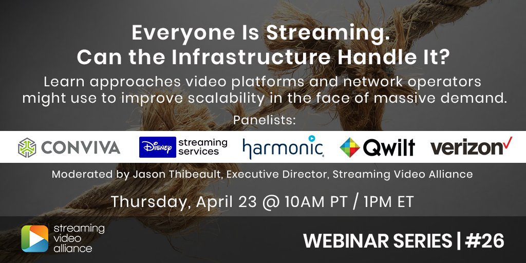 TheSVTA's tweet photo. Another new panelist has been added to this week's #webinar. Register now and join us Thursday for this provocative discussion with @Verizon, @Qwilt, @HarmonicInc, @DisneyStreaming and @Conviva ▶️ https://t.co/bj4vY1HMJz #streamingsurge #contentdelivery #OTT #ForcedtoScale https://t.co/msX1tDGf6p