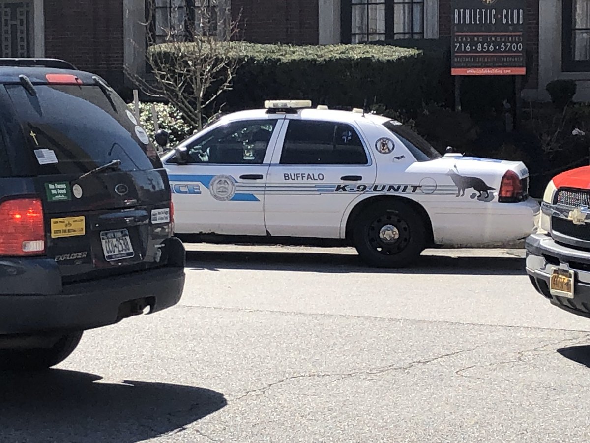 There are Buffalo police in cars and on foot and around the perimeter of the entire traffic circle.