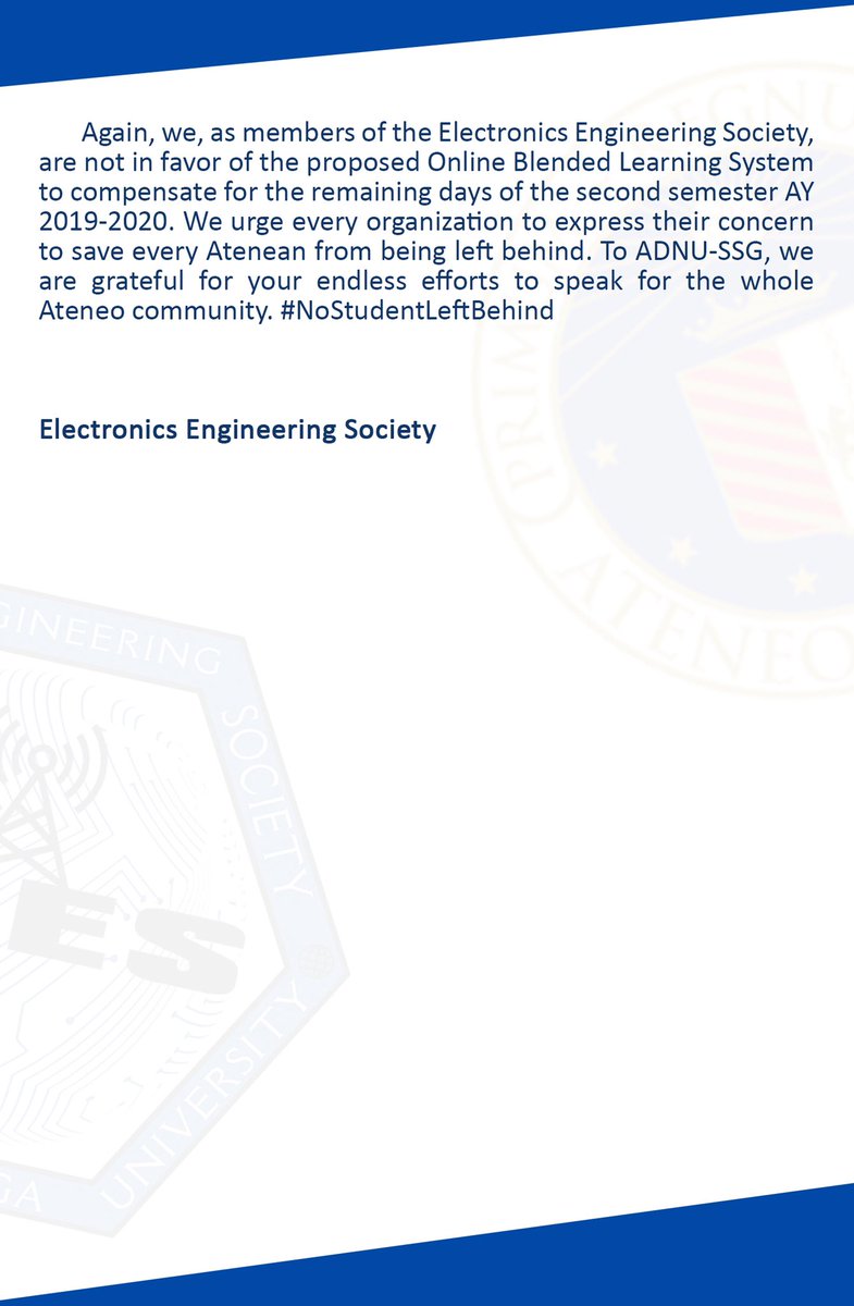 TeamADNUece's tweet photo. Official Statement of the Electronics Engineering Society (ECES) on the Proposed Online Blended Learning System  for the Remaining Days of 2nd Semester AY 2019-2020 #EndTheSem #NoStudentLeftBehind https://t.co/8JaiGaEPS7