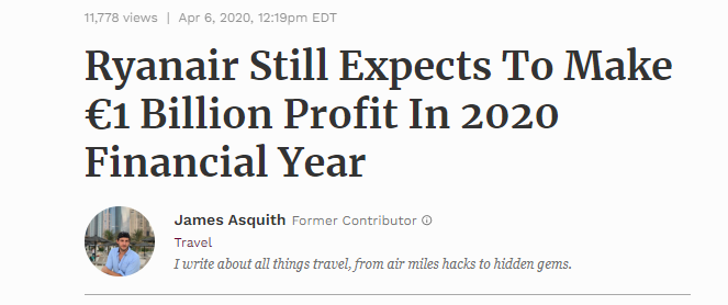 CLargeanu's tweet photo. ...Ryanair is on the way of making EUR 1 billion profit in 2020 (Forbes) https://t.co/X8QtZuLsEF