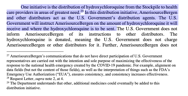 BREAKING: The Justice Department clears antitrust hurdles for AmerisourceBergen Corporation, a major drug wholesaler, to distribute the Trump-touted anti-malaria drug hydroxychloroquine for Covid-19. cc:  @CourthouseNews From the DOJ's letter:  https://www.justice.gov/atr/page/file/1269911/download