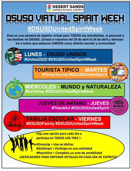 B_Btr_2day_wMrK's tweet photo. Reminder Aztecs, Aztec fans and Aztec Families (and the whole valley really) - The @DesertSandsUSD United Spirit Week begins TODAY!!! Have some fun and participate with your quarantine group!!! #DSUSDUnitedSpiritWeek #PDAllin https://t.co/eJD832sKAN