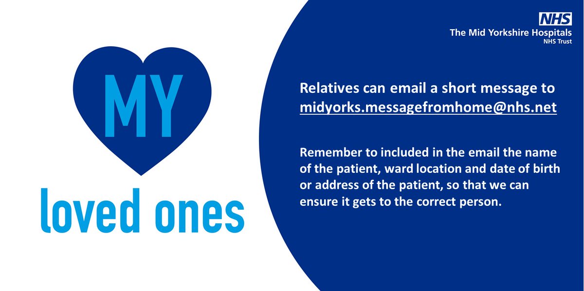 To help with the current patient visiting restrictions we have set up our #MyLovedOnes service, allowing families to send messages to loved ones whilst they are in our care.

For more information visit: midyorks.nhs.uk/my-loved-ones-…