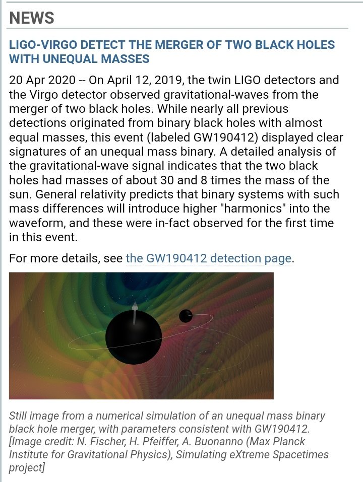 1. Today seemed like a really good day to start because today LIGO detected an unequal binary merger of two black holes for the first time ever! GW190412 produced two distinct frequencies and LIGO detected it w their (fairly new) ability to detect gravitational waves.