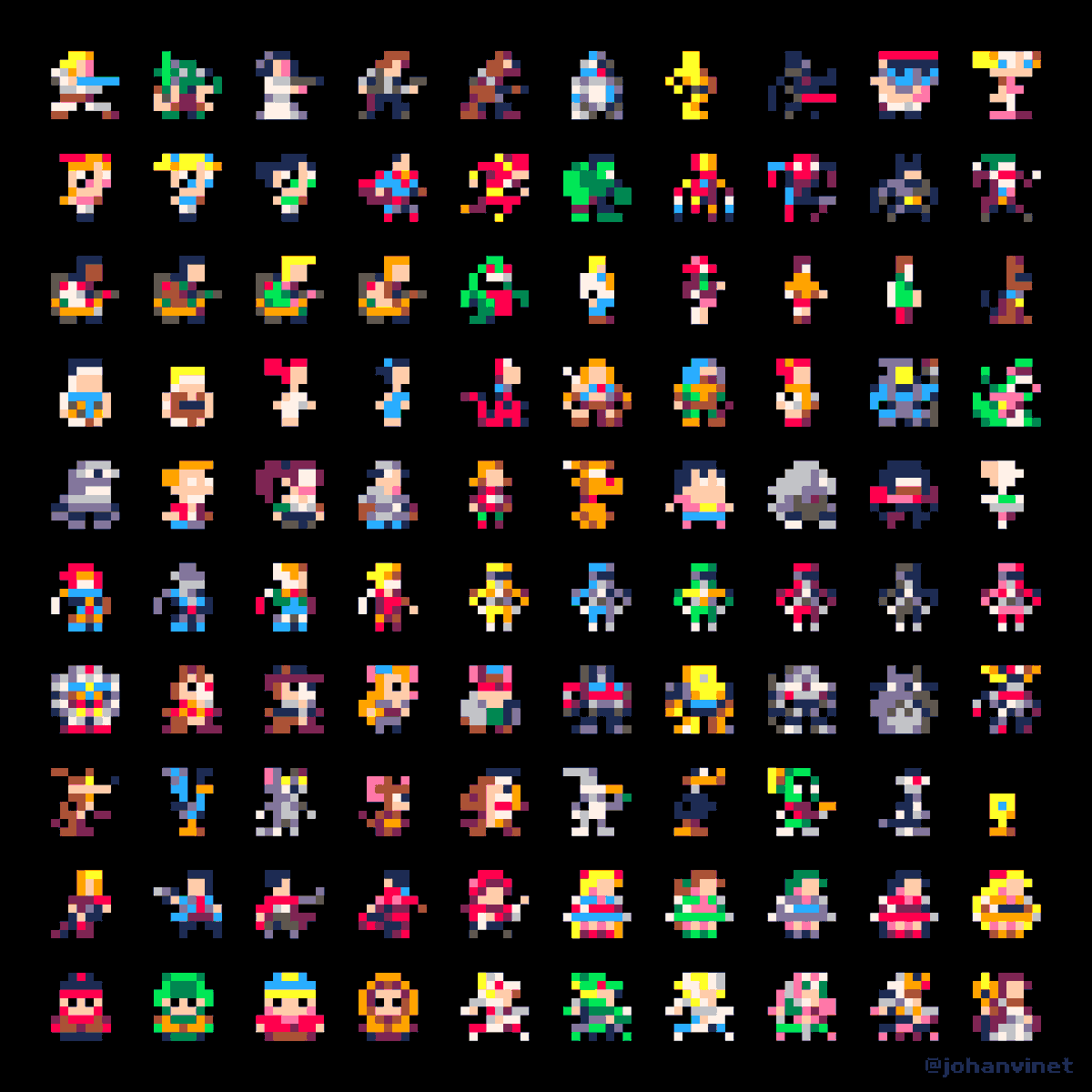Hey folks! Here's my new set of 100 famous characters, 8x8 pixels, using a 16 colors palette! #pixelart  #dotpic  #ドット絵  #pico8  #8bit