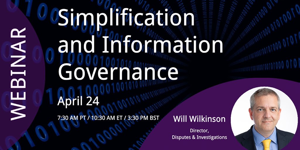 ElevateServices's tweet image. WEBINAR #Simplication & #InformationGovernance
Join Elevate Expert Will Wilkinson on 4/24 at 7:30 PT/10:30 ET/3:30 BST for a 30min webinar that will explore how to implement healthy processes to avoid risk, fines, and data compliance actions
Register now bit.ly/34DFc8E