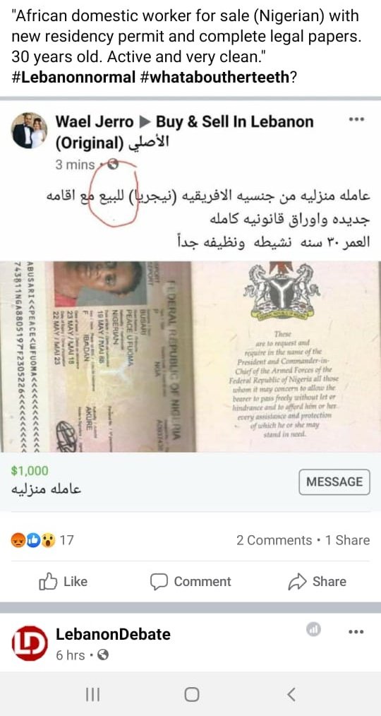 motiadekunle's tweet photo. No human has a right to buy or sell another human regardless of status or class @WaelJerro this is nothing but man's inhumanity to man. @HenshawKate @Omojuwa @segalink this man put up a human being for sale on facebook.
#lebanon24
#stopmorderndayslavery
#projectferry https://t.co/TYnHneZPjm