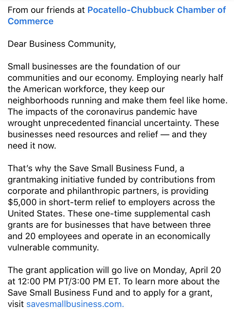 PocatelloChmber's tweet photo. From our Friends at @PocatelloChmber. Find the application at From our friends at Pocatello-Chubbuck Chamber of Commerce

https://t.co/dbkORgnQCh. https://t.co/YDHNrHzdKB https://t.co/z1FriBqMip