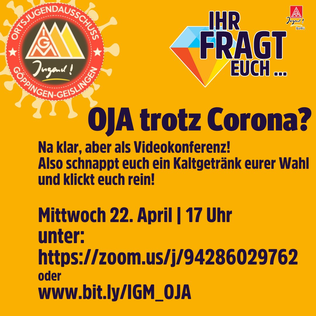Wir machen den OJA, trotz Corona...
Aber wir halten Abstand.
Deshalb findet das ganze per Videokonferenz über Zoom statt. 🖥️
Klickt euch rein unter: bit.ly/IGM_OJA
#stayathome #igmgoeppingengeislingen #igmjugendgoeppingengeislingen #dasbestefueralle