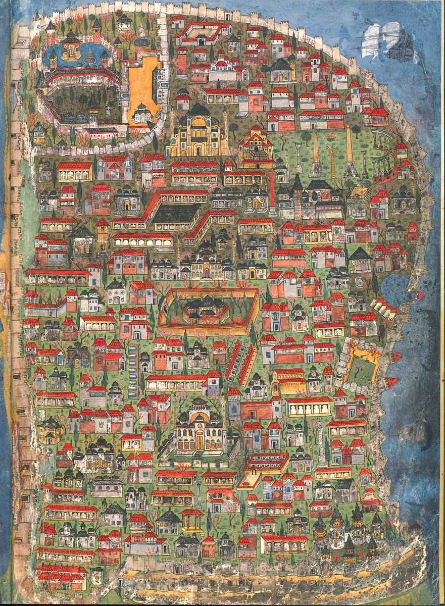 Matrakçı Nasuh’a ait (1551) bir minyatürden o devirlerin Konstantiniyye’sini bir didikleyelim mi? Minyatürde yapılar detaylandırılmamış. Ama eğlenceli tarafı da o. Yapıyı ele verebilecek en ufak detayları didik didik edelim.