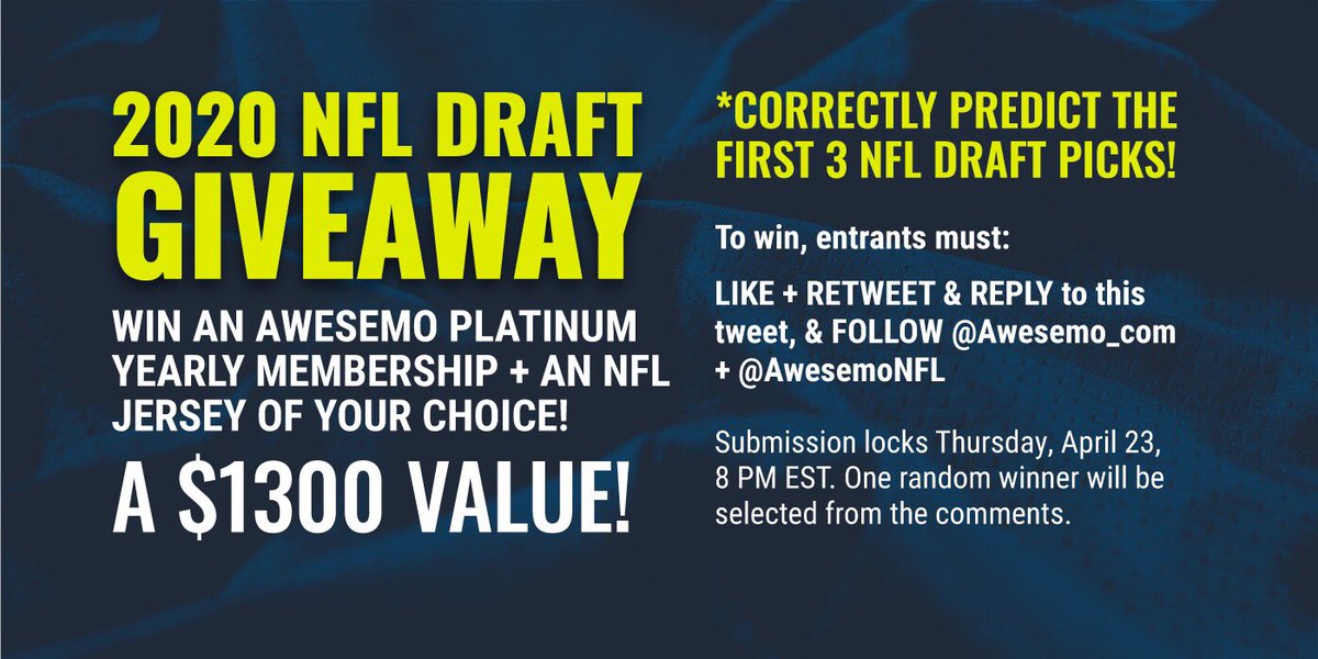 🏈🎁 WIN an @Awesemo_Com Platinum Yearly Pass &amp; an NFL jersey of your choice if you correctly predict the first 3 picks of the 2020 #NFLDraft! 🎁🏈

✅ FOLLOW @Awesemo_com &amp; <a href="/AwesemoNFL/">Awesemo NFL DFS</a>

✅ LIKE, RT, &amp; REPLY to this tweet with your guess.

1 random winner selected ($1300 VALUE!)