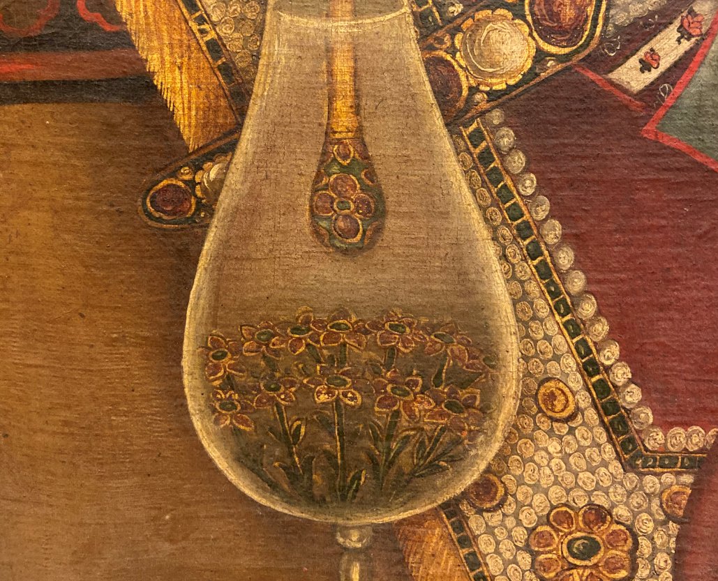 As a small aside - there was a particularly beautiful type of qaliyan made in Shiraz at the time, which had small metal, enamelled flowers pressed into the inside of the 'vase' of the pipe using long pincers when the glass was still soft.