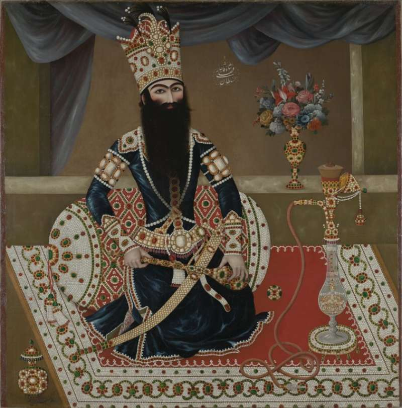 The shisha pipe was pretty much a permanent fixture of life in early Qajar Iran. It was smoked everywhere and at anytime - from when in the mosque, to while on horseback. Fath-ʿAli Shah is often depicted with his pipe at his side.