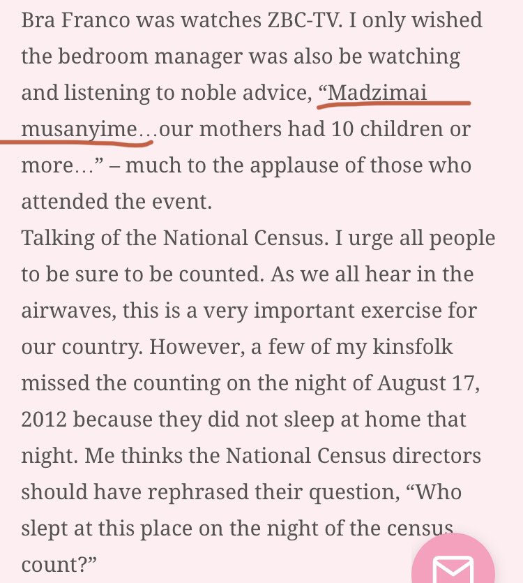 25/ Mugabe seems to have regretted some of these programs later in his life. While launching the national census in 2012 during the GNU, he chastised women for not having more children: “Madzimai musanyime…our mothers had 10 children or more…” he said.