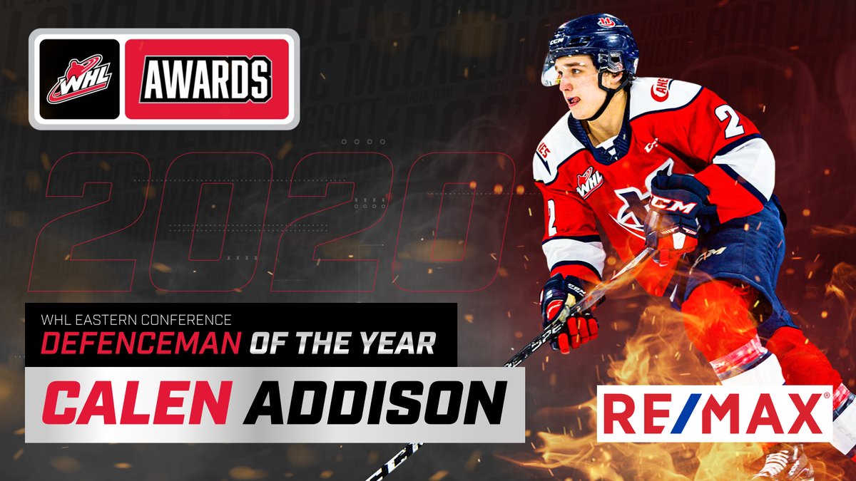 TheWHL's tweet photo. Congratulations to @mnwild prospect @calenaddison of @WHLHurricanes, the Eastern Conference Defenceman of the Year! 

#WHLAwards 📰 | https://t.co/HtdX54wx6B https://t.co/Fwt97gAcKC