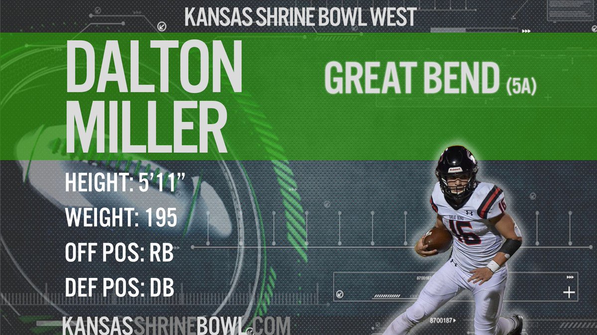 Kansas Shrine Bowl (@ksshrinebowl) on Twitter photo Our 2020 Kansas Shrine Bowl featured player of the day is <a href="/daltyjmiller32/">Dalton Miller</a> from <a href="/GreatBend_FB/">Great Bend Football</a> Come support Dalton and the other West squad All-Stars at the 47th <a href="/KSShrineBowl/">Kansas Shrine Bowl</a> Tickets on sale now at buff.ly/2qO2Xbd - Player Features Powered by @MammothTurf Our 2020 Kansas Shrine Bowl featured player of the day is <a href="/daltyjmiller32/">Dalton Miller</a> from <a href="/GreatBend_FB/">Great Bend Football</a> Come support Dalton and the other West squad All-Stars at the 47th <a href="/KSShrineBowl/">Kansas Shrine Bowl</a> Tickets on sale now at buff.ly/2qO2Xbd - Player Features Powered by @MammothTurf
