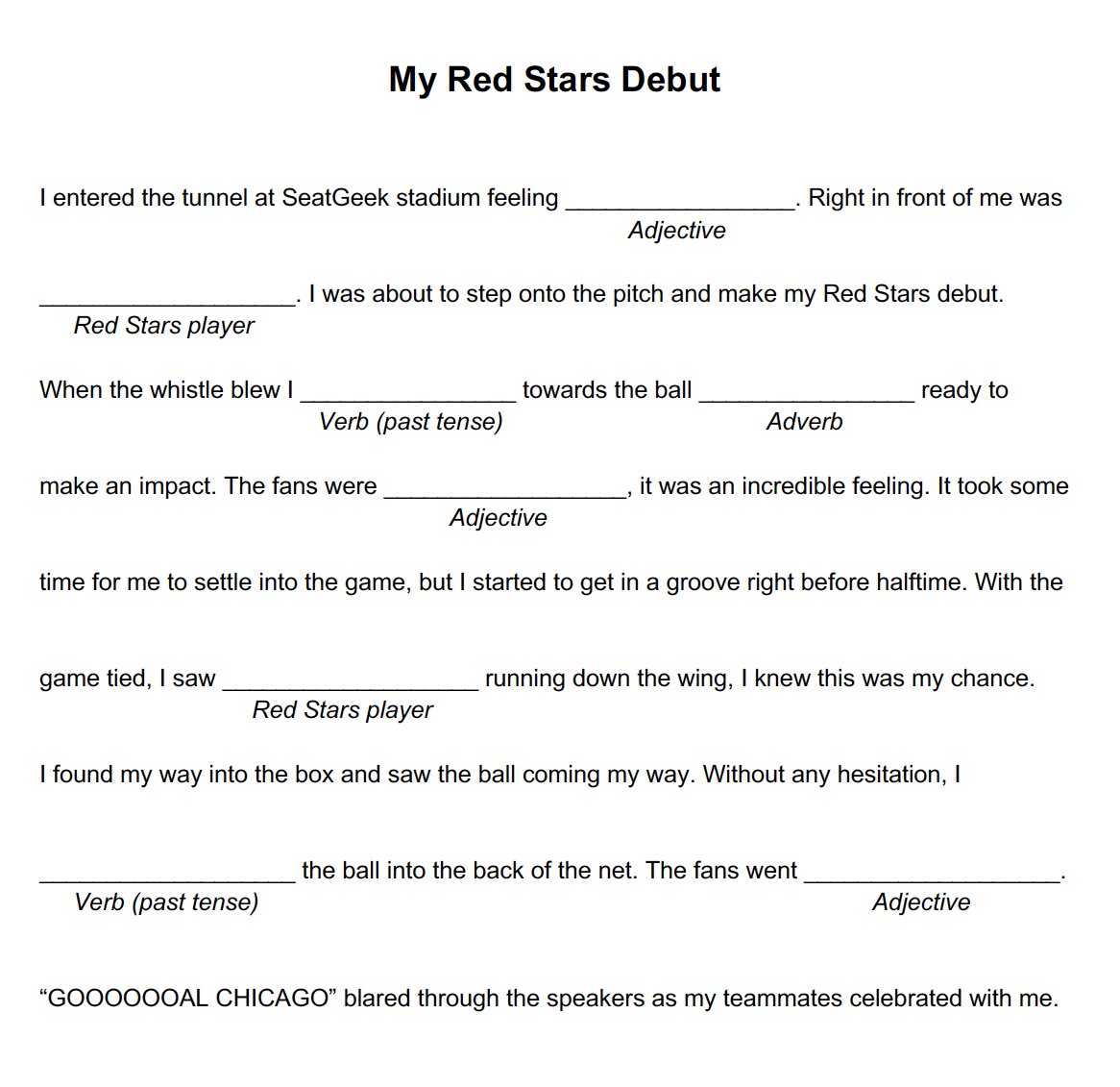 Chicago Red Stars on Twitter: "We hope this #MadlibMonday brings you  (synonym for joy)! #MyKindOfContent Adjective Red Stars player Verb (past  tense) Adverb Adjective Red Stars player Verb (past tense) Adjective