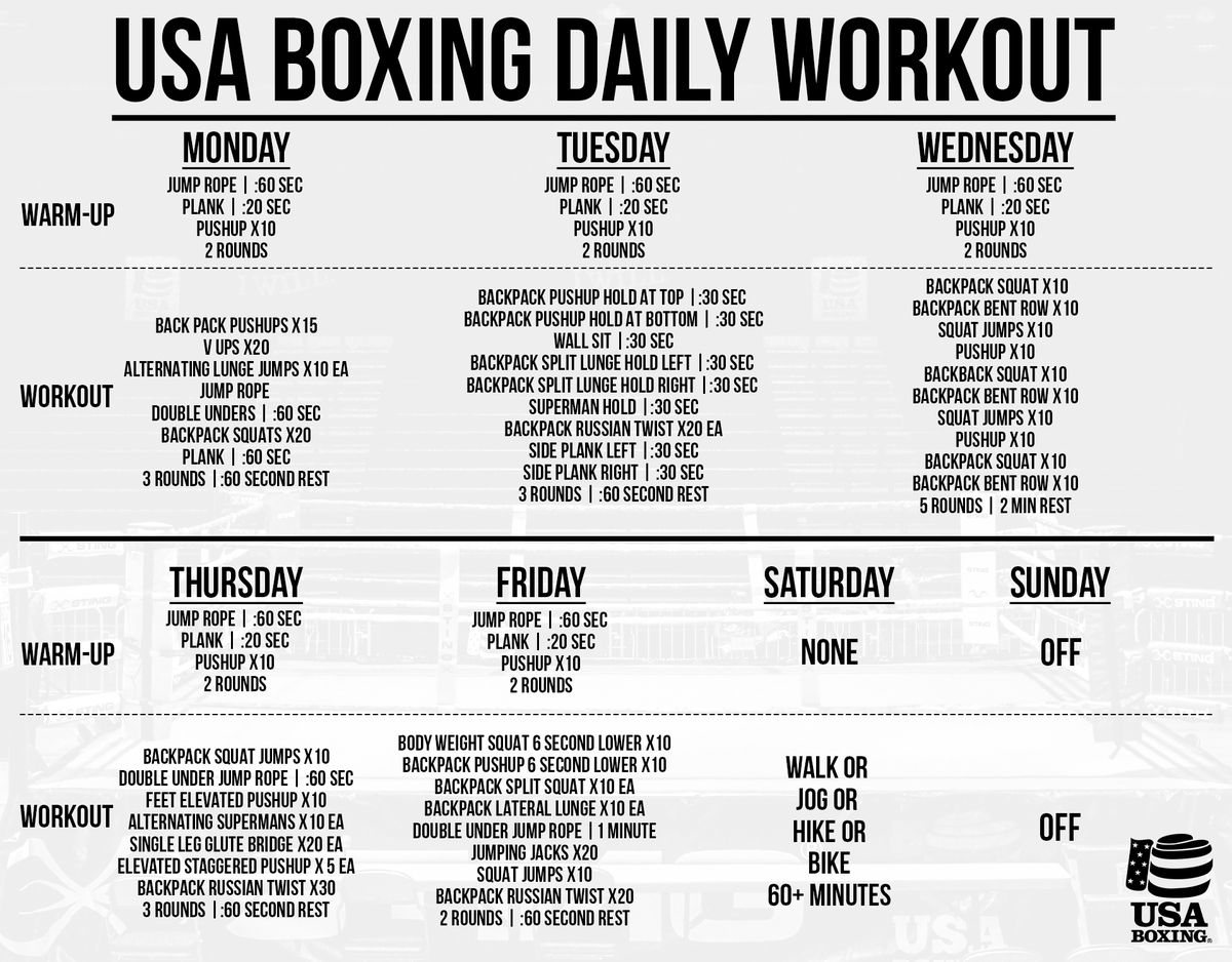 USA Boxing on Twitter: "It's time for a new daily workout plan! Be sure to  complete each day for the next 4 weeks to stay ready to return to the boxing  ring!