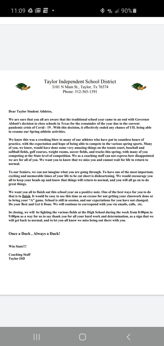 duckftbl's tweet photo. Coach Little's message to the student athletes of Taylor ISD. https://t.co/PSwrCTEPTG