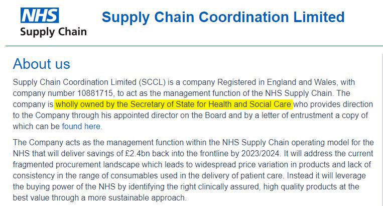 Matt Hancock is the owner of Supply Chain Coordination Limited. He holds 21,000,001 shares in the company.SCCL's stated mission is to facilitate the efficient supply of medical products to the NHS (Oh, and cut costs)Might we suggest that he doesn't seem to have done his job?