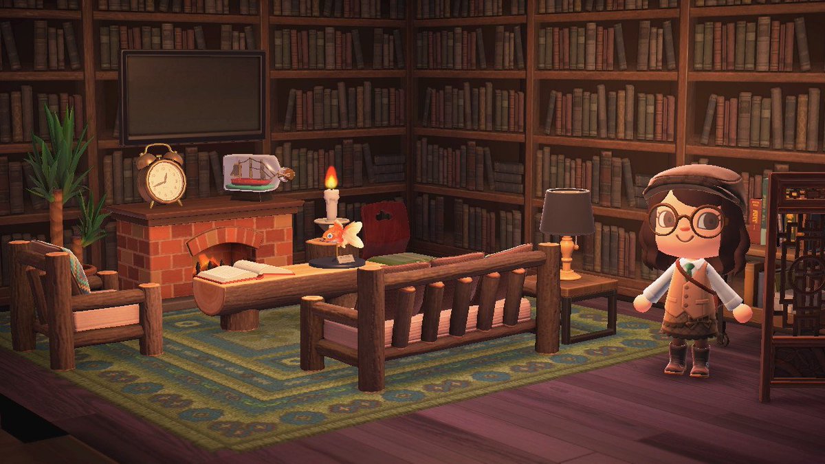 65. Un salon-bibliothèque(Source :  https://www.reddit.com/r/AnimalCrossing/comments/g4mu93/my_library_is_quickly_becoming_my_favorite_room/)