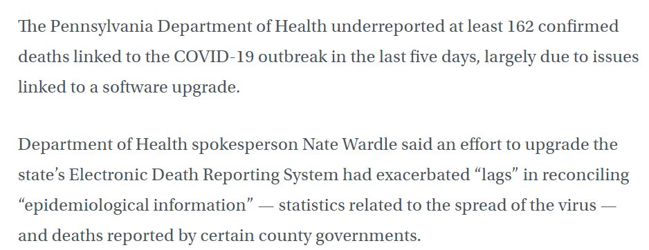 Pennsylvania undercount:  https://whyy.org/articles/pa-underreported-18-of-covid-deaths-this-week-officials-blame-computer-glitches/
