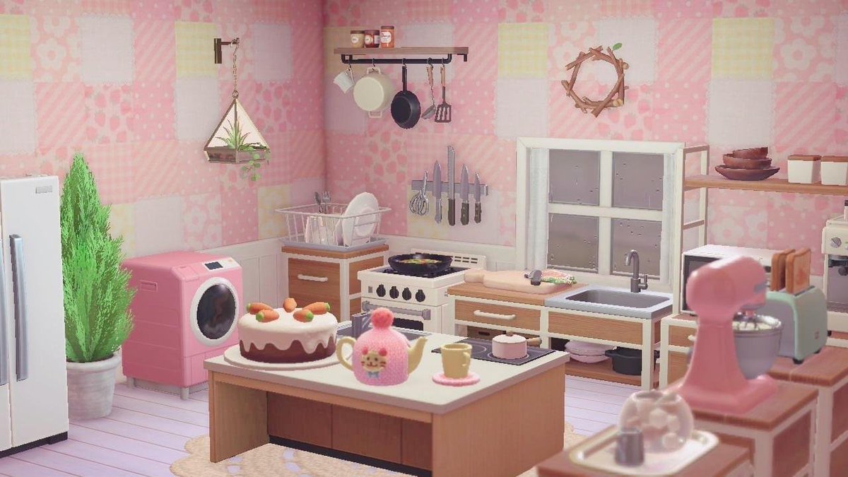 66. Une cuisine mignonne (Source :  https://www.reddit.com/r/AnimalCrossing/comments/g4ruks/redecorated_my_kitchen_into_a_pink_one/)