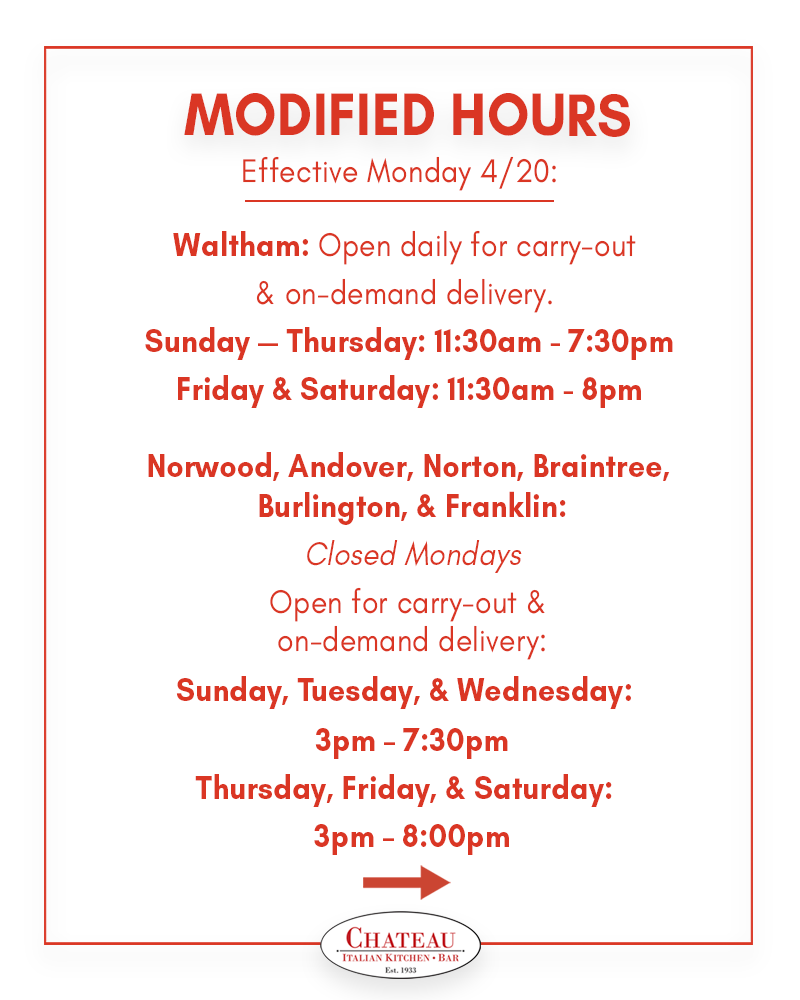 thechateauMA's tweet photo. Thank you for continuing to support our restaurants during this time! ❤️Swipe through to see our updated hours. https://t.co/NSGUPPDSia