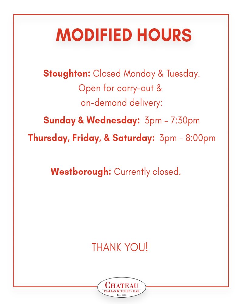 thechateauMA's tweet photo. Thank you for continuing to support our restaurants during this time! ❤️Swipe through to see our updated hours. https://t.co/NSGUPPDSia