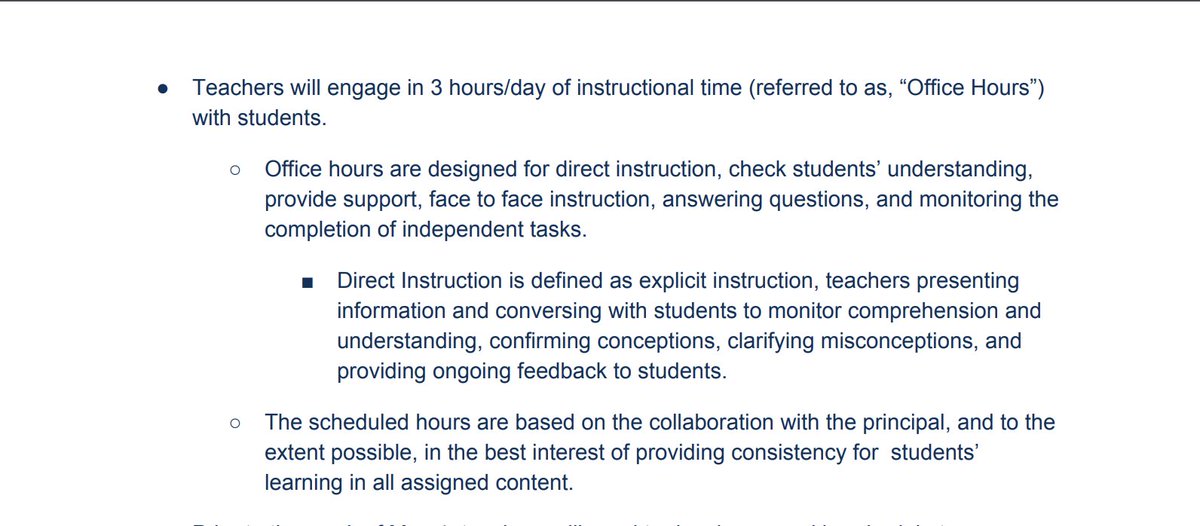 More details here on what teachers will be expected to do during their daily, 3-hour sessions. Sounds like district wants to see direct, live communication between teachers and students. #phled