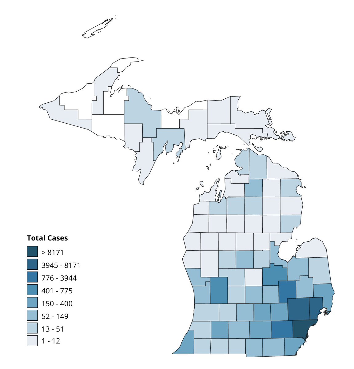 MI counts are arbitrary cut-offs that at least show how the virus exists at different concentrations across the state (tho doesn't break out Detroit City). https://www.michigan.gov/coronavirus/ 