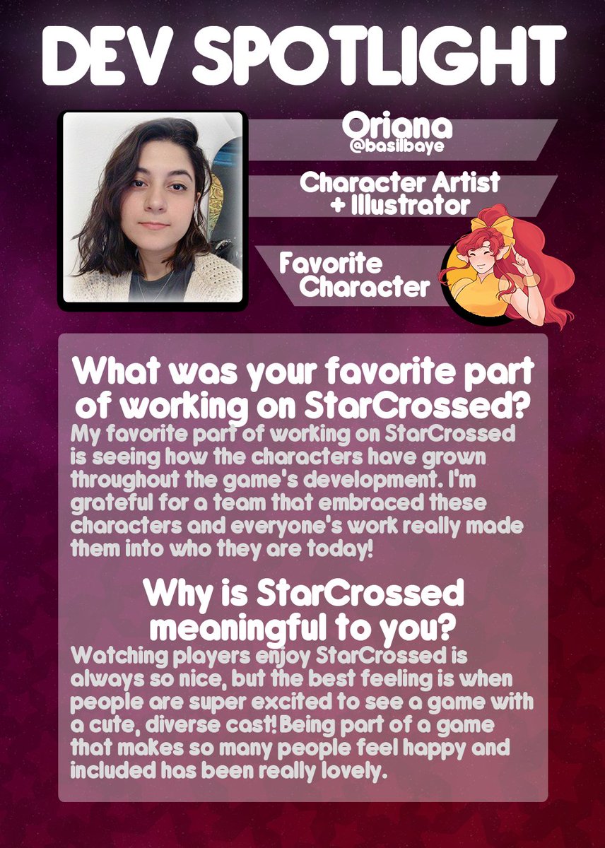 Let's keep this going! Next is  @basilbaye, character artist and illustrator! Oriana designed the StarCrossed cast and is behind all the 2D character art in the game, including the opening cinematic!She's currently working on a new project with  @KOOPMode 