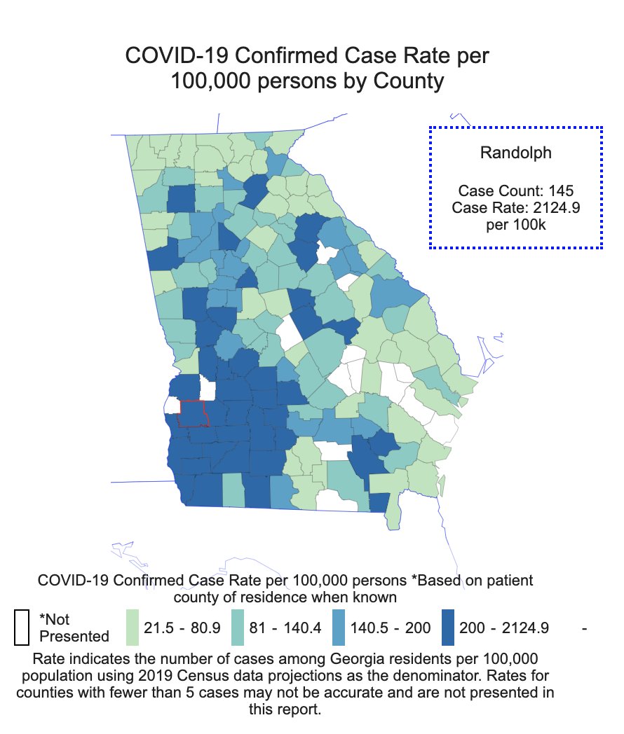 Of course that hides what's really going on in GA, which is that there's a really big cluster in rural SE GA. Randolph County has 2124 cases/100K people. This is a heavily black area w/a devastating number of cases for its population.