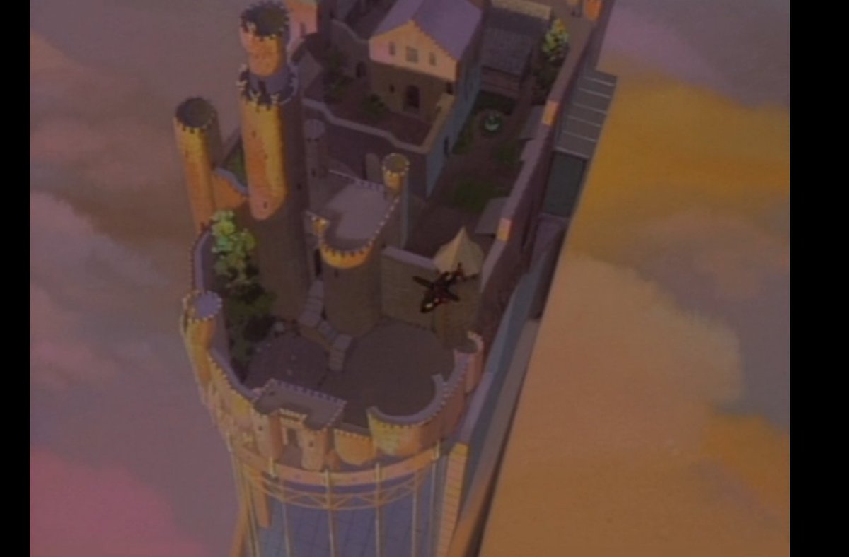 We see Xanatos's name on the side of a helicopter back in the city, where he has reassembled the castle on top of his skyscraper, with the establishing shot establishing, specifically, that it is "above the clouds".