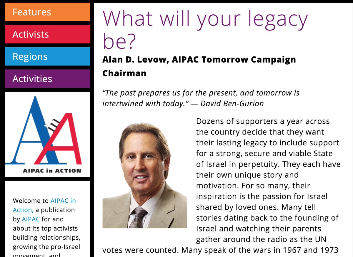 Alan Levow donated $25,000 on January 29 and $25,000 on March 9. In 2016, he was the chair of the AIPAC Tomorrow Campaign, an initiative that allows individuals to "invest" their estate in the future of US-Israel relations.