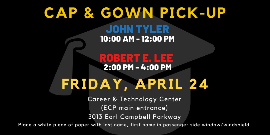 ATTENTION SENIORS! Cap &amp; Gown pickup is on Friday! @JohnTylerLions <a href="/TLRedRaiders/">Tyler Legacy High School</a> <a href="/CTCTylerISD/">Catalina</a> #Classof2020 #FW2 #WeAreTylerISD