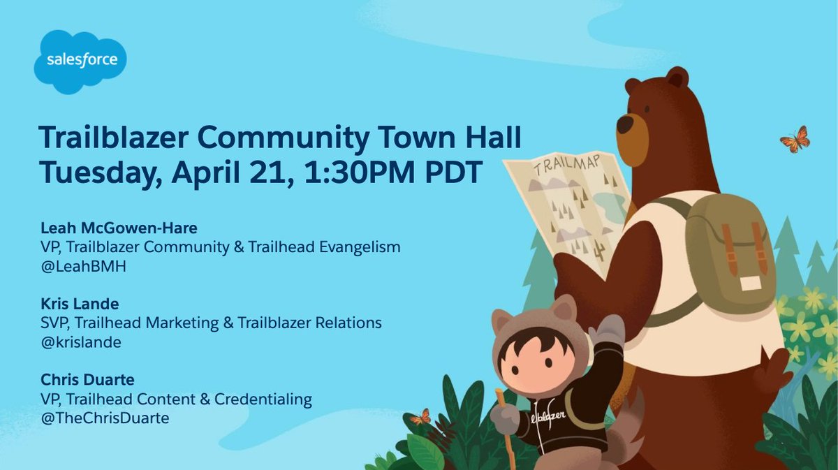 malloryranahan's tweet image. 🤩 Join #TrailblazerCommunity Town Hall, Tuesday, April 21 at 1:30pm PDT.
@LeahBMH @krislande and @TheChrisDuarte will celebrate YOU, share what we’re doing to support you, and answer your questions.
Register here: sfdc.co/Qx5FL