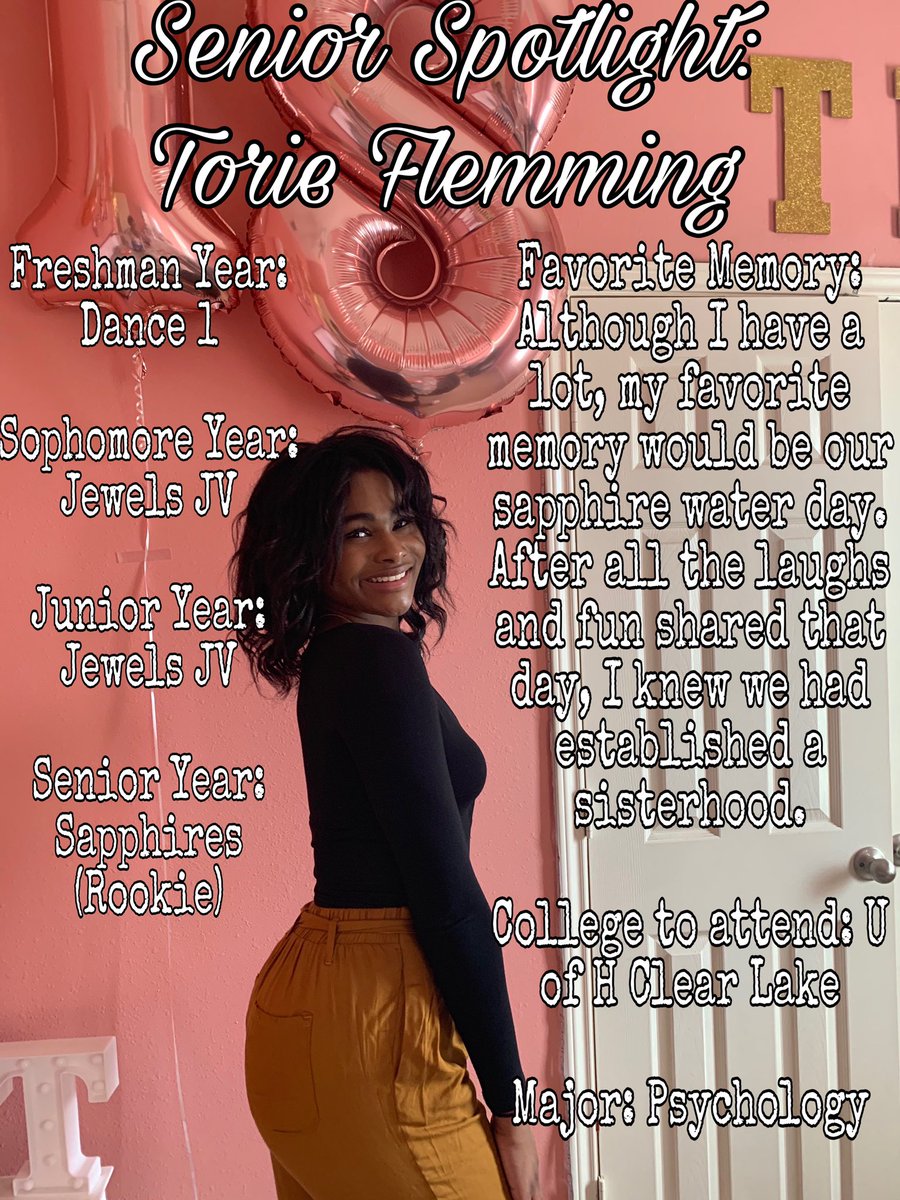 Today’s Senior Spotlight goes to Rookie, Torie Flemming! Thank you for being an example of excellence in our program for 4yrs, and leaving your legacy as a Jewels JV founding member! You are intelligent, talented, and forever DB and KK secre-Torie! We love you TORIE💙✨