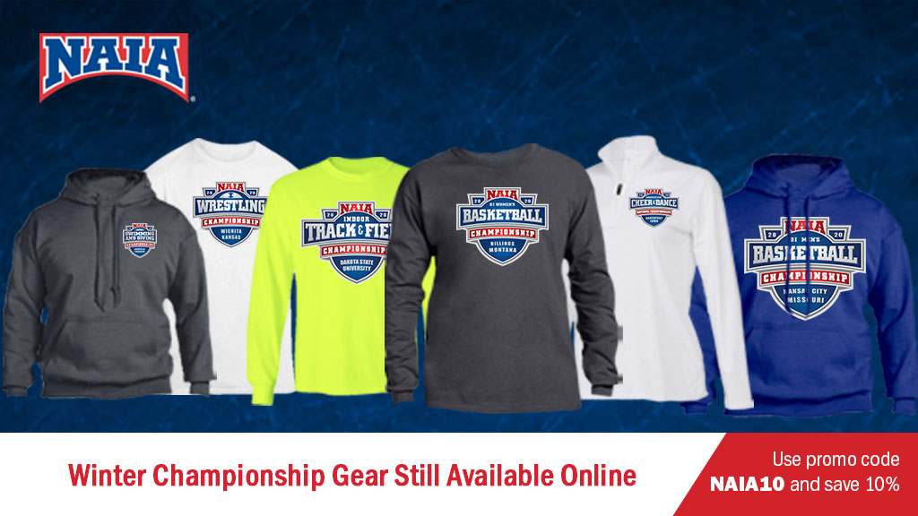 NAIA's tweet photo. We know we can't bring the 2020 winter championships back, but we can bring you commemorative 2020 NAIA Championship Gear by @_FineDesigns. Purchase today to celebrate your hard work from this past season. Use promo code: NAIA10 to save 10%. Shop here: https://t.co/FG7tGcIbhS https://t.co/wfcQDJ6aa8