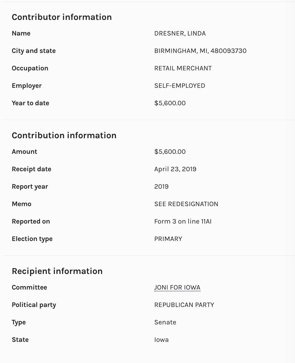 Linda Dresner is a Never Trump Republican, who supports right-wing Democrats. She donated $5,600 to Mitch McConnell in 2019. She donated $10,000 to Michigan Republican Party, $5,600 to Joni Ernst, and $5,600 to John Cornyn.